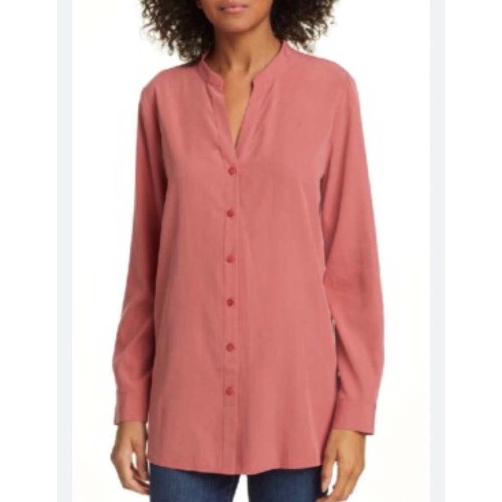 Eileen Fisher Sandwashed Tencel Stand Collar Blouse Top Dusty Rose Pink Petite S